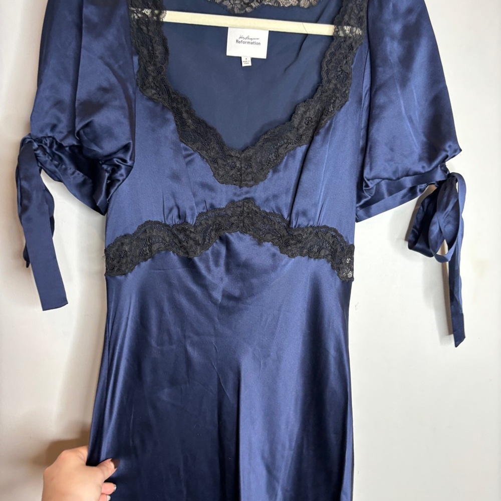 Reformation Navy Satin Midi Dress with Black Lace Trim - Picture 6 of 9